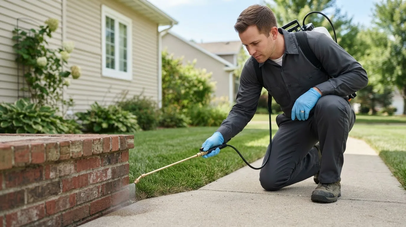 Pest control technician treating a home near Saint Anthony, ID
